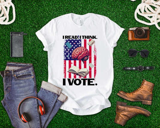 I READ I THINK I VOTE - Flag, Books & Brain Graphic T-Shirt