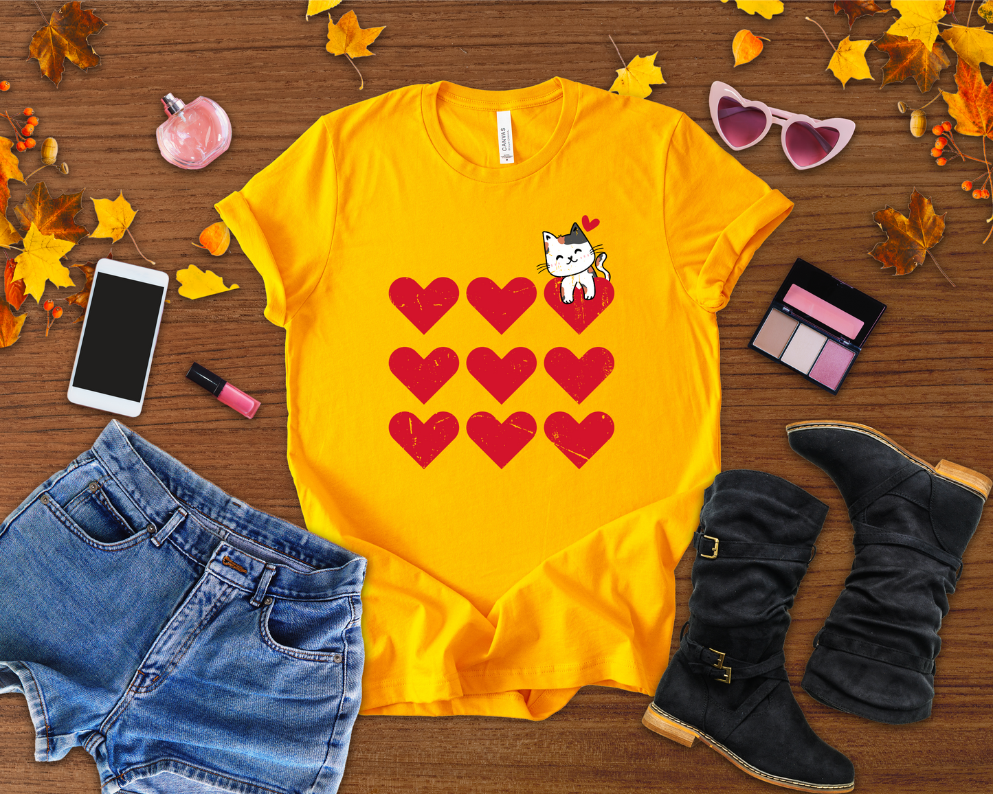 Cute Cat on Hearts T-Shirt – Adorable Kitty with Heart Thought Bubble Graphic Tee