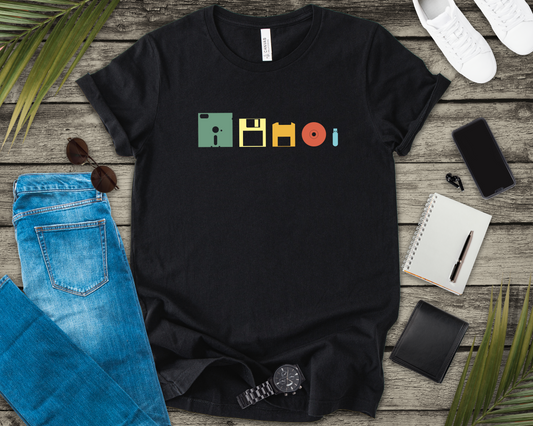 Data Storage Evolution Tshirt – Floppy Disk to CD to Thumb Drive