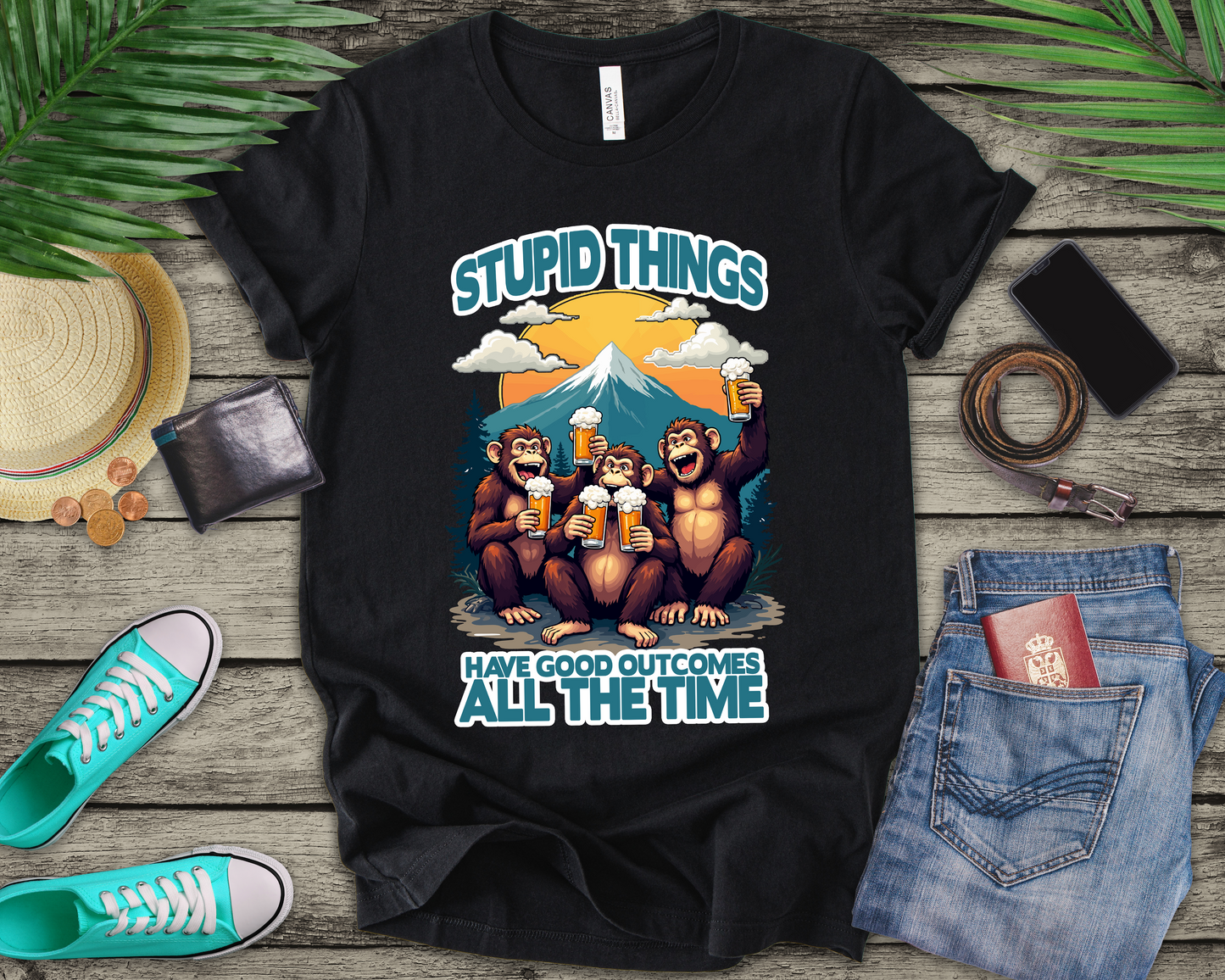 Stupid Things Have Good Outcomes Tshirt – Three Monkeys Cheers with Beer Mugs & Mountain Scene