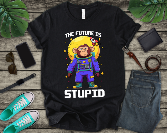 The Future Is Stupid Tshirt – Monkey in Colorful Spacesuit with Stars & Rocket Graphic