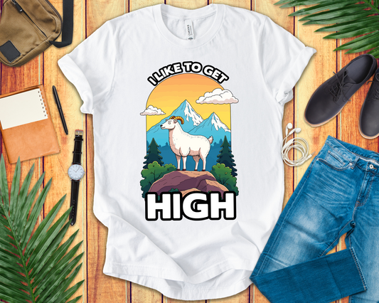 I Like to Get High Tshirt – Mountain Goat Standing on High Rock with Mountain Scenery