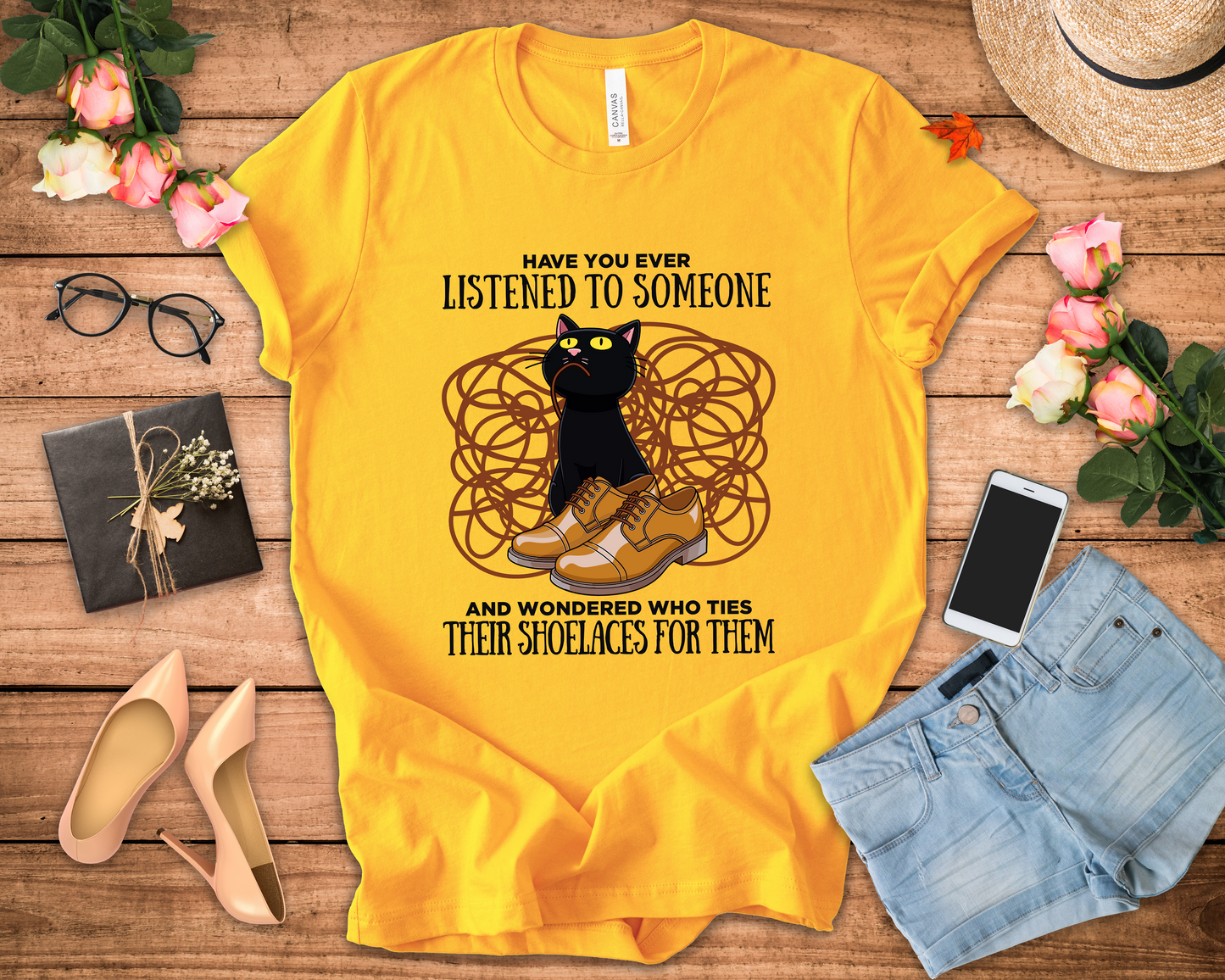 Have You Ever Listened to Someone Tshirt – Black Cat Surrounded by Shoelaces with Shoe Graphic