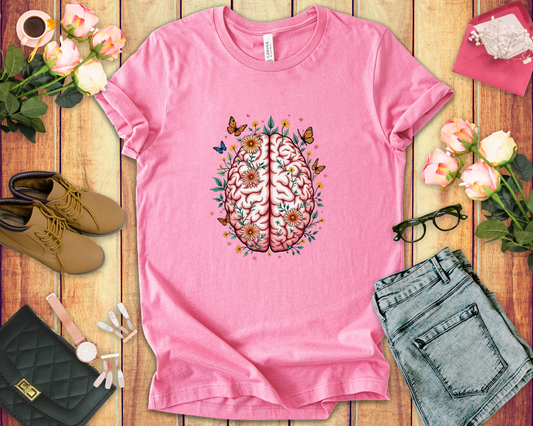 Human Brain with Flowers and Butterflies Tshirt – Artistic Floral Brain Graphic