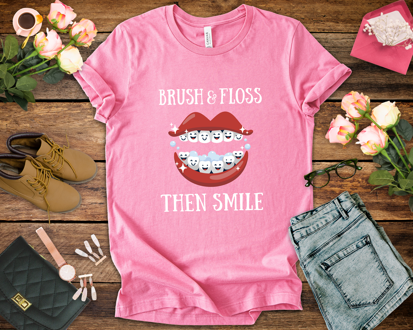 Brush and Floss Then Smile T Shirt Big Laughing Mouth Dental Humor
