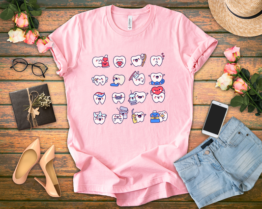 Happy Smiling Teeth T Shirt Sixteen Tooth Characters with Dental Care Items