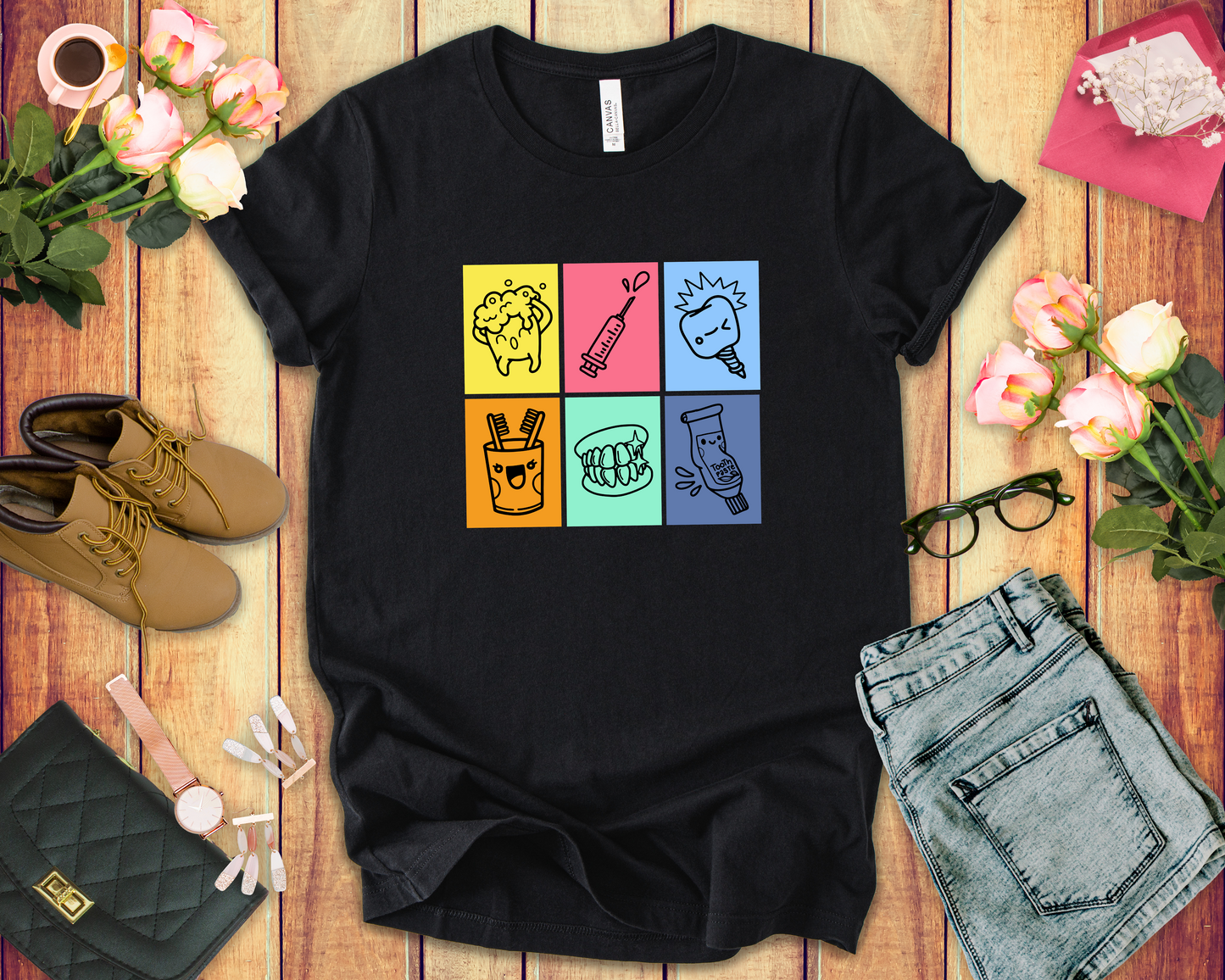 Colorful Dental Fun T Shirt Six Box Tooth Bath Syringe Implant Smile Toothpaste