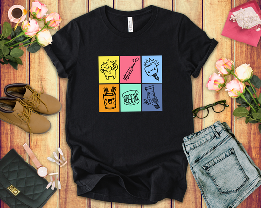 Colorful Dental Fun T Shirt Six Box Tooth Bath Syringe Implant Smile Toothpaste