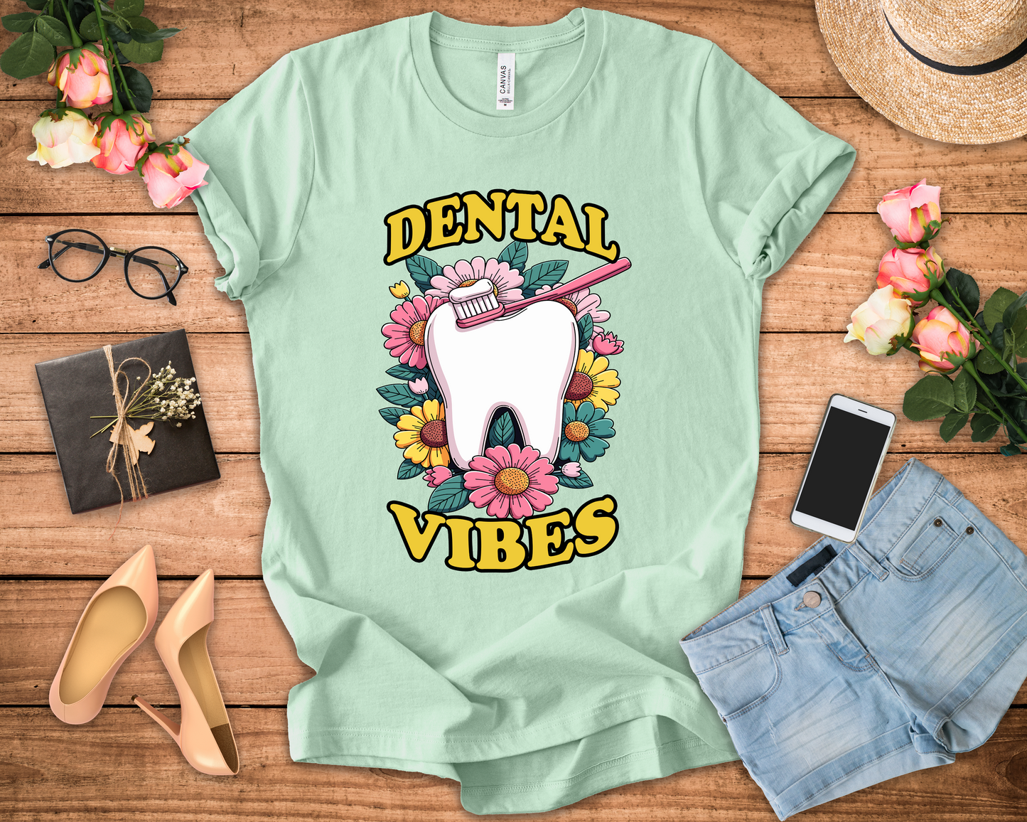 Dental Vibes T Shirt Large Tooth with Brush Paste and Flower Design