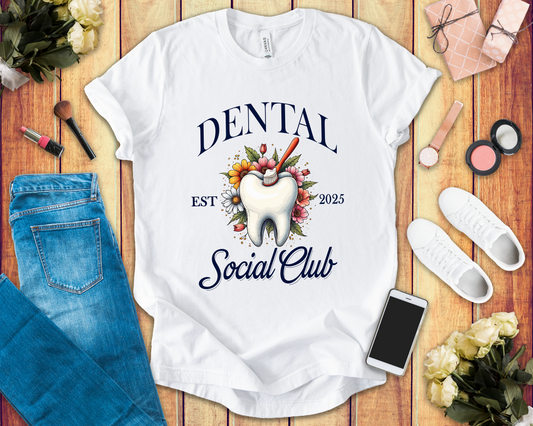 Dental Social Club T Shirt Large Tooth with Brush Paste Flowers Est 2025