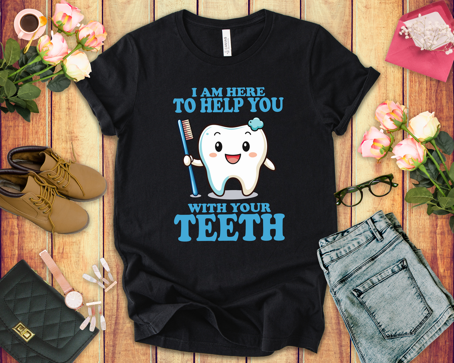 Smiling Tooth T Shirt with Toothbrush, Paste and "I'm Here to Help You With Your Teeth" Text