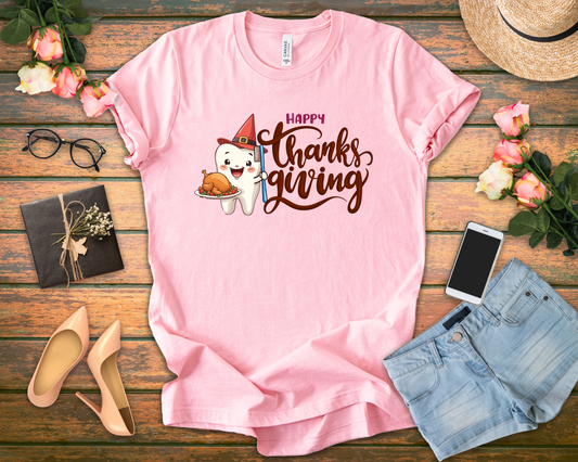 Happy Thanksgiving Dental T Shirt Smiling Tooth with Turkey Plate, Toothbrush, and a Cap