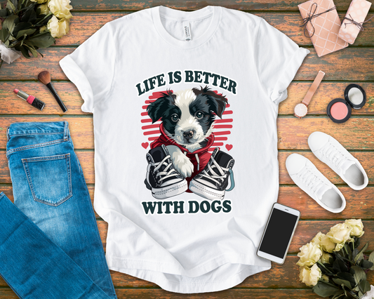 Life Is Better With Dogs T Shirt Cuddly Dog in Jacket Sitting by Shoes Graphic