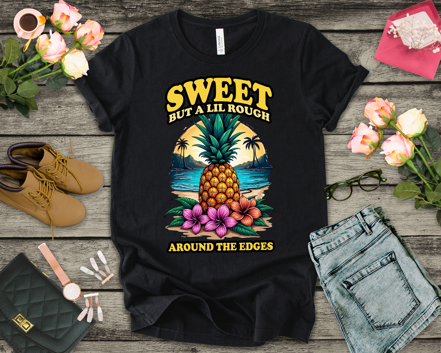 Sweet But A Lil Rough Around The Edges T Shirt Large Pineapple Tropical Beach Scene