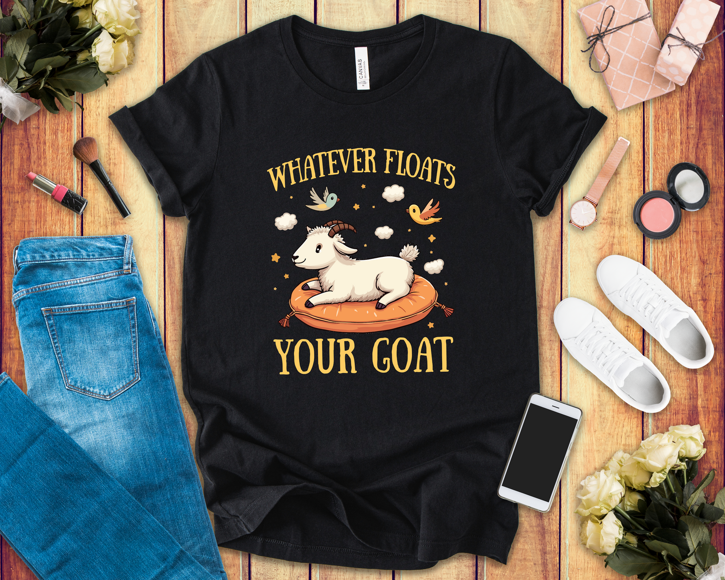 Whatever Floats Your Goat T Shirt – Happy Floating Goat with Clouds and Birds