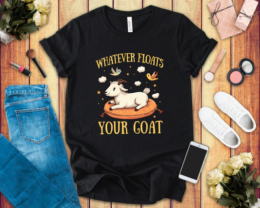 Whatever Floats Your Goat T Shirt – Happy Floating Goat with Clouds and Birds