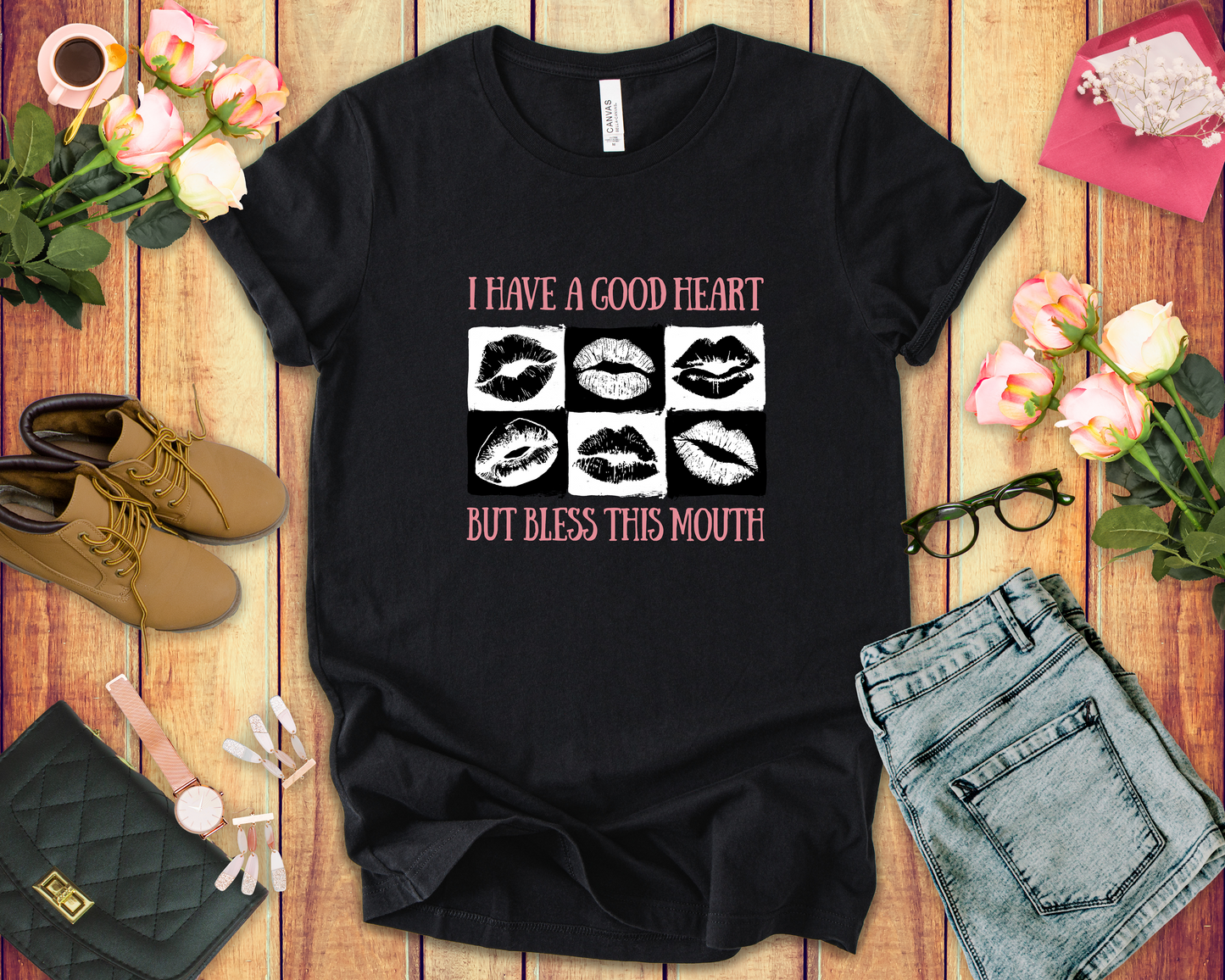I Have a Good Heart But Bless This Mouth T Shirt – Six Black & White Lip Print