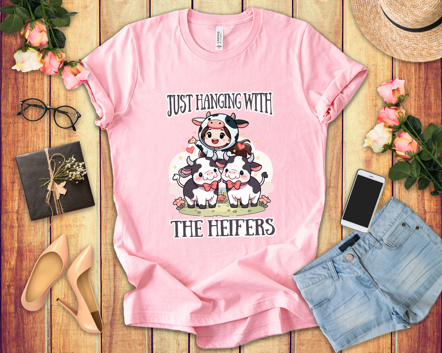 Just Hanging With the Heifers T Shirt – Kid Dressed as Cow with Two Hugging Cows