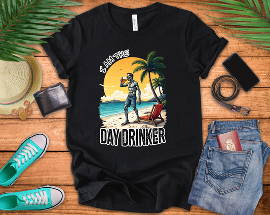 I am the Day Drinker Tshirt Zombie Beach Man with Beer, Shorts, Flip Flop & Reclining Chair