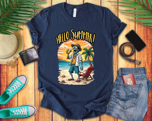 Hello Summer Tshirt Old Zombie with Cap, Beer Glass, Beach, Palm Trees & Reclining Chair