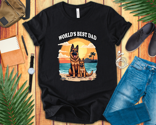 Worlds Best Dad Tshirt German Shepherd Dog Father and Puppy Beach Sunset Design
