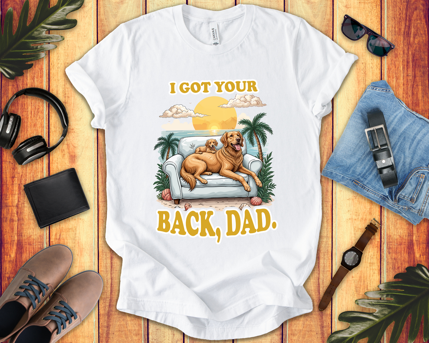 I Got Your Back Dad Tshirt Golden Retriever Father and Puppy on Couch Beach Sunset