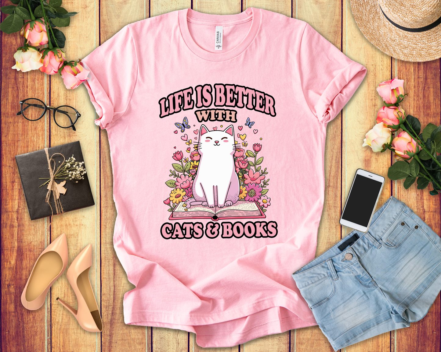 Life Is Better With Cat And Books Tshirt Cat Sitting on Open Book Flower Graphic