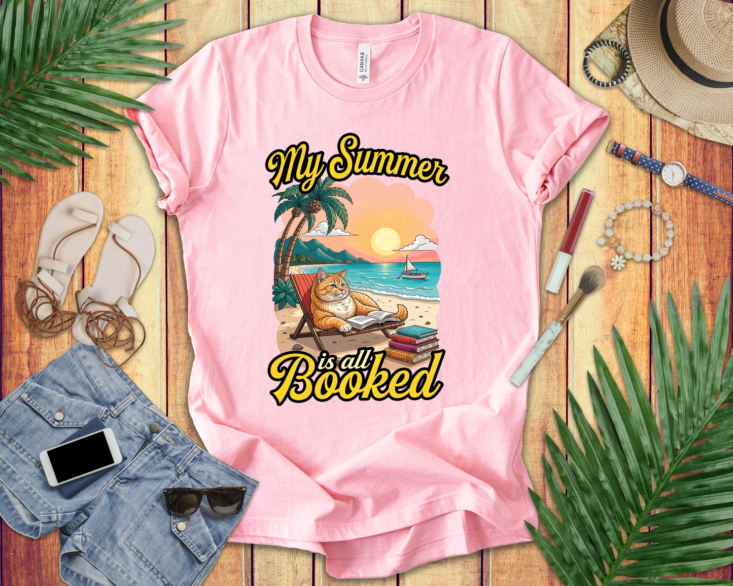 My Summer Is All Booked Tshirt Cat on Beach with books