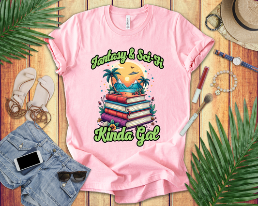 Fantasy And SciFi Kinda Gal Tshirt with Stacked Books with Flowers, Trees, Mountains and UFO