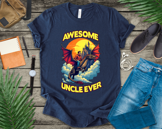Awesome Uncle Ever Tshirt Man Riding Large Dragon Flying in Clouds with Castle in background