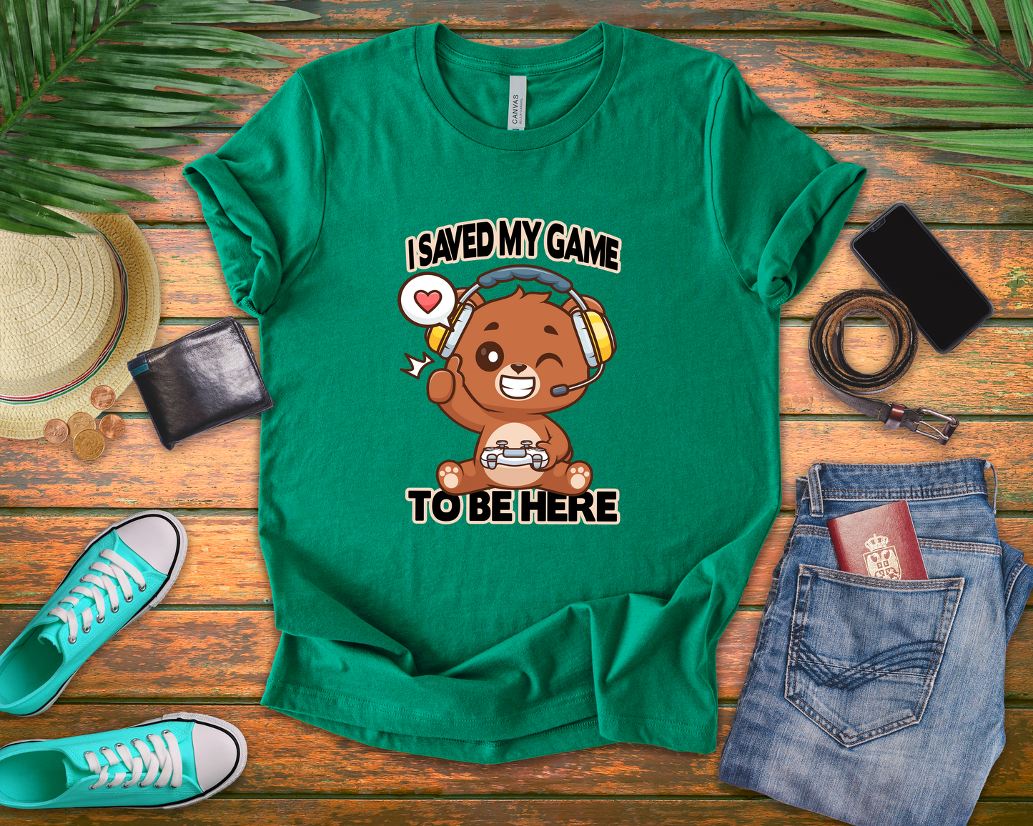 I Saved My Game To Be Here Tshirt Winking Teddy Bear with Headphones and Game Controller