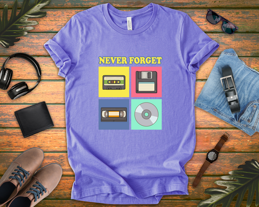 Never Forget Retro Media Tshirt Floppy Disk Cassette Tape Recorder CD Graphic