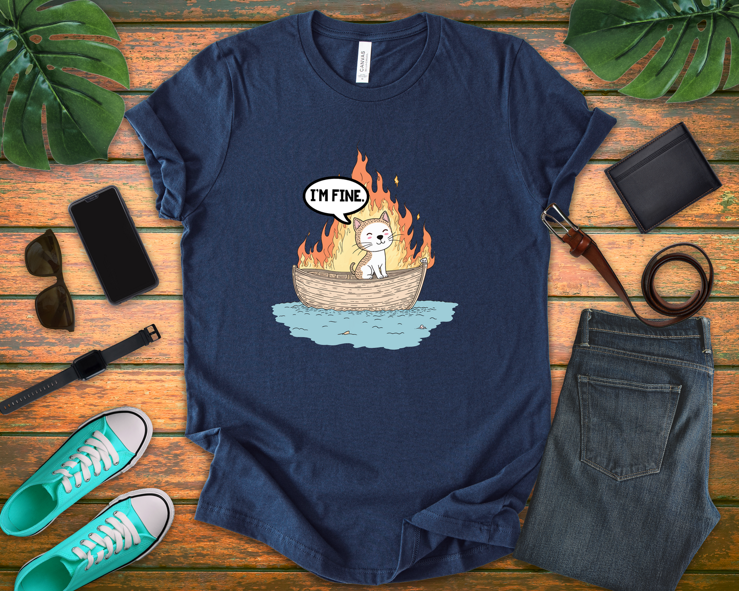 Im Fine Cat In Boat On Fire Tshirt Cat Sitting in Burning Boat Humor