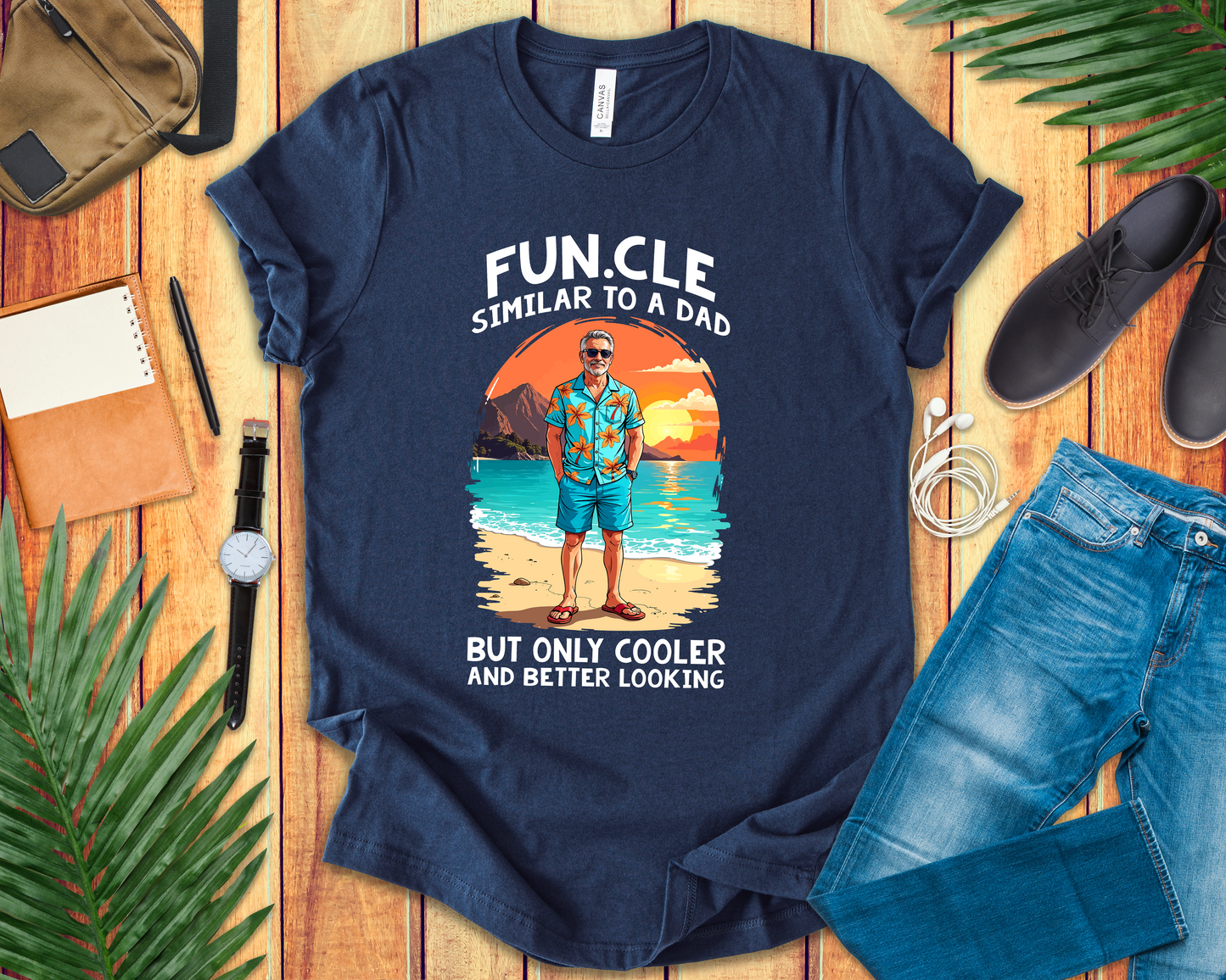 FUN.CLE Beach Sunset T-Shirt – Cool Uncle Beach Graphic with Funny Quote