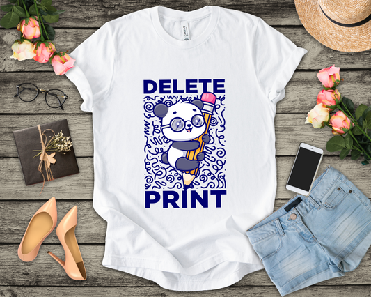 Delete Print T-Shirt – Cute Puppy Hugging Giant Pencil Graphic Tee