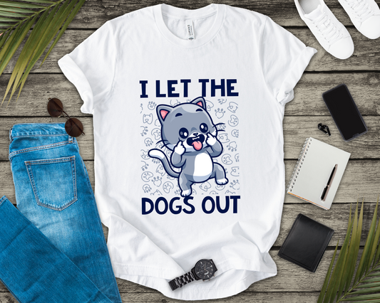 I Let the Dogs Out T-Shirt – Teasing Cat with Paw Prints Graphic Tee