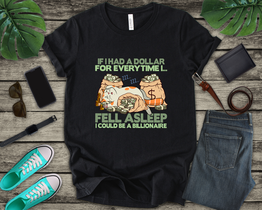Dollar For Every Time I Fell Asleep I Could Be A Billionaire T-Shirt – Cat Sleeping On Bags Of Cash Graphic Tee