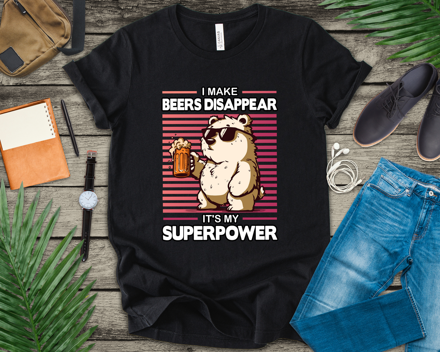 I Make Beers Disappear T-Shirt – Cool Bear With Sunglasses and Beer Funny Graphic Tee