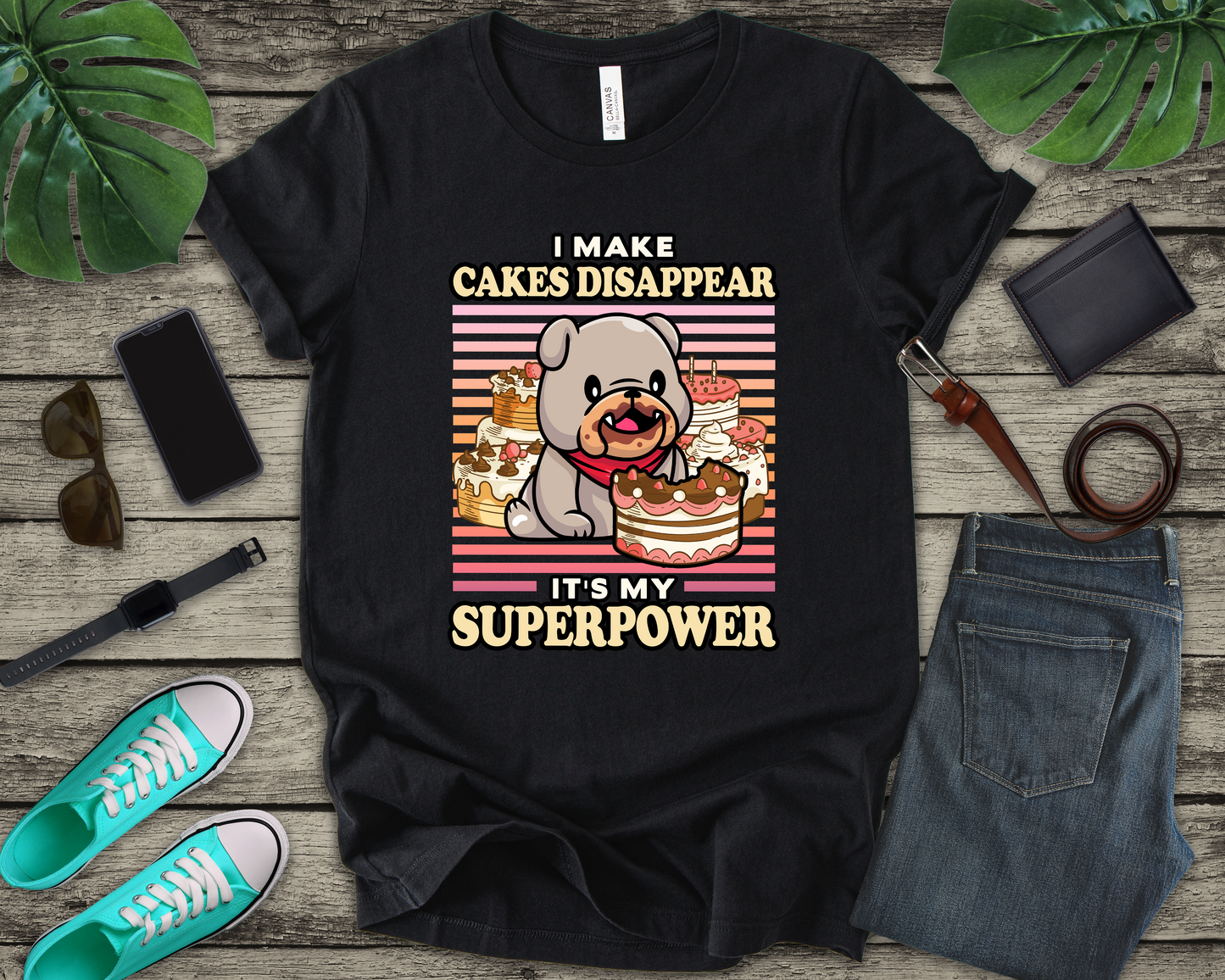 I Make Cakes Disappear T-Shirt – Cute Dog With Cakes Funny Super Power Graphic Tee