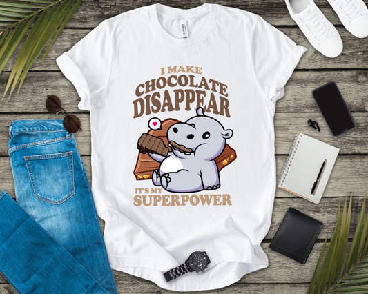 I Make Chocolate Disappear T-Shirt – Adorable Baby Rhino With Chocolate Funny Super Power Graphic Tee