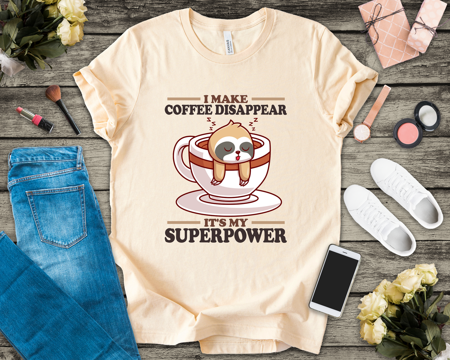 I Make Coffee Disappear T-Shirt – Sleepy Sloth Hanging From Coffee Cup Funny Super Power Graphic Tee