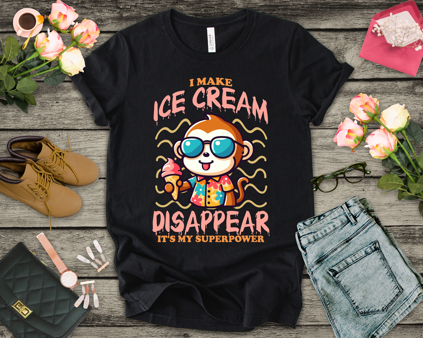 I Make Ice Cream Disappear T-Shirt – Cool Monkey With Sunglasses And Ice Cream Cone Funny Graphic Tee