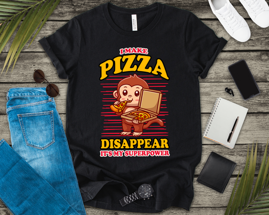 I Make Pizza Disappear T-Shirt – Funny Monkey With Pizza Box and Slice Graphic Tee