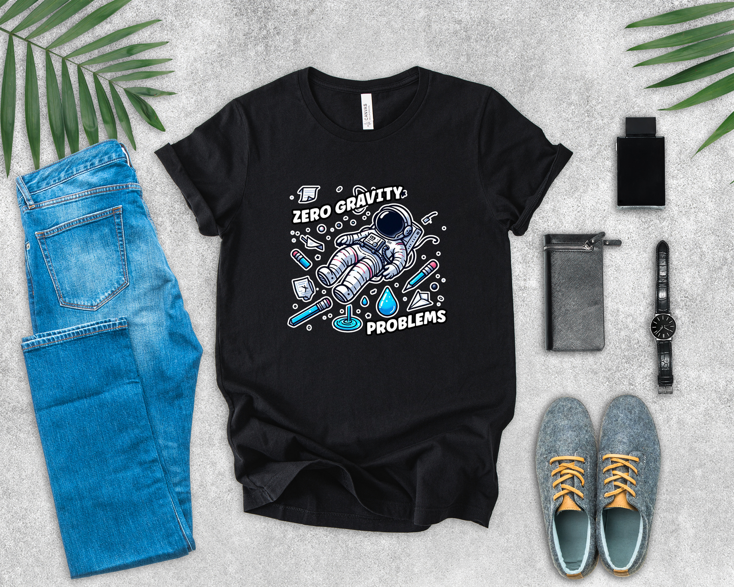 Zero Gravity Problems Astronaut Tshirt – Floating in Space with Everyday Objects