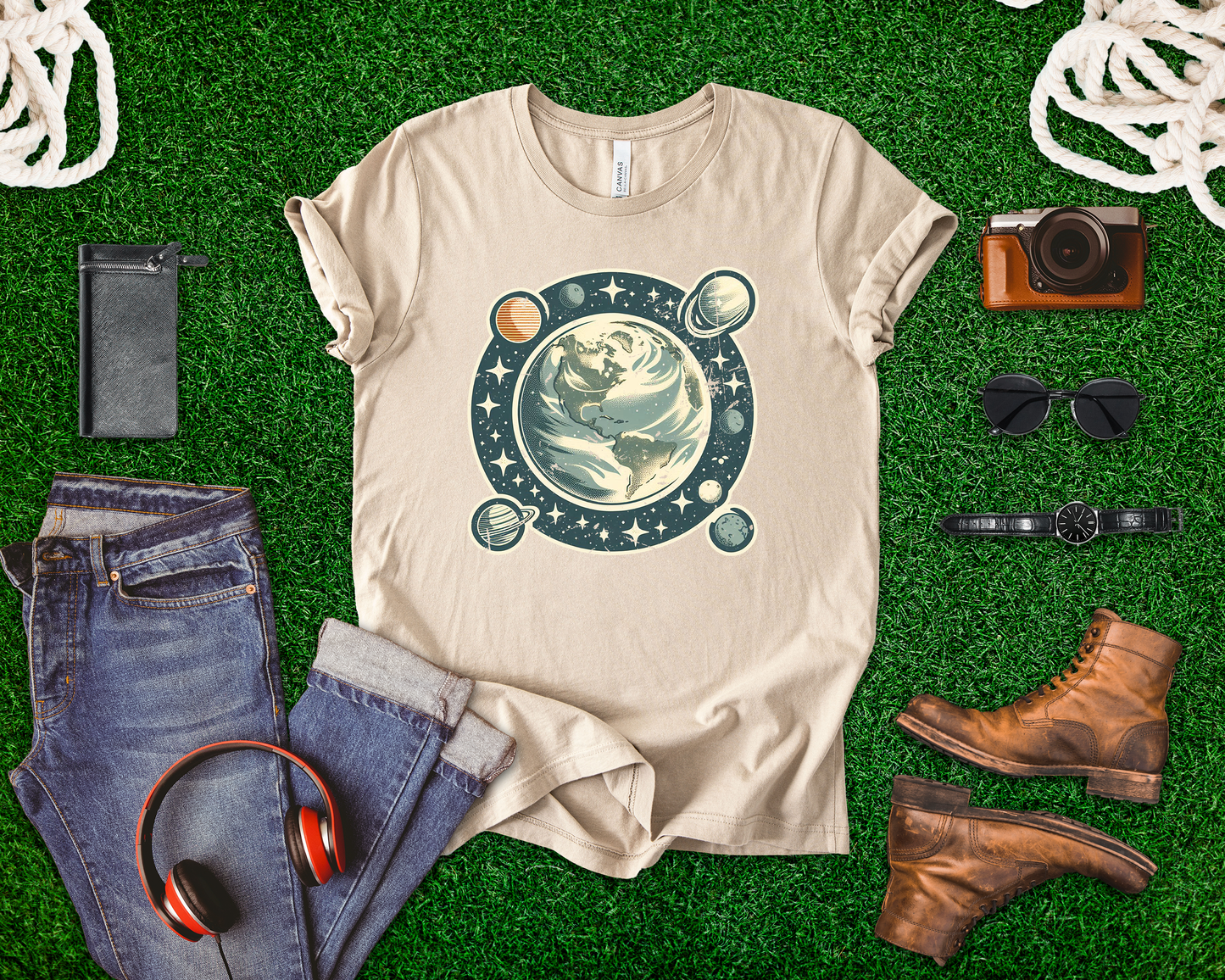 Earth Was Cool Tshirt – Gray Earth with Circular Planets and Stars Design