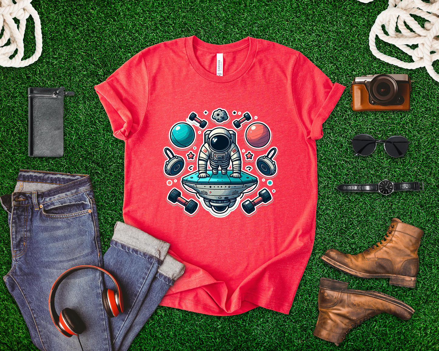 Rocket Science is My Cardio - Astronaut Doing Pushups Tshirt – Space Workout with Gadgets, Planets, and Dumbbells