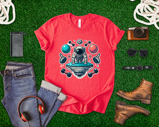 Rocket Science is My Cardio - Astronaut Doing Pushups Tshirt – Space Workout with Gadgets, Planets, and Dumbbells