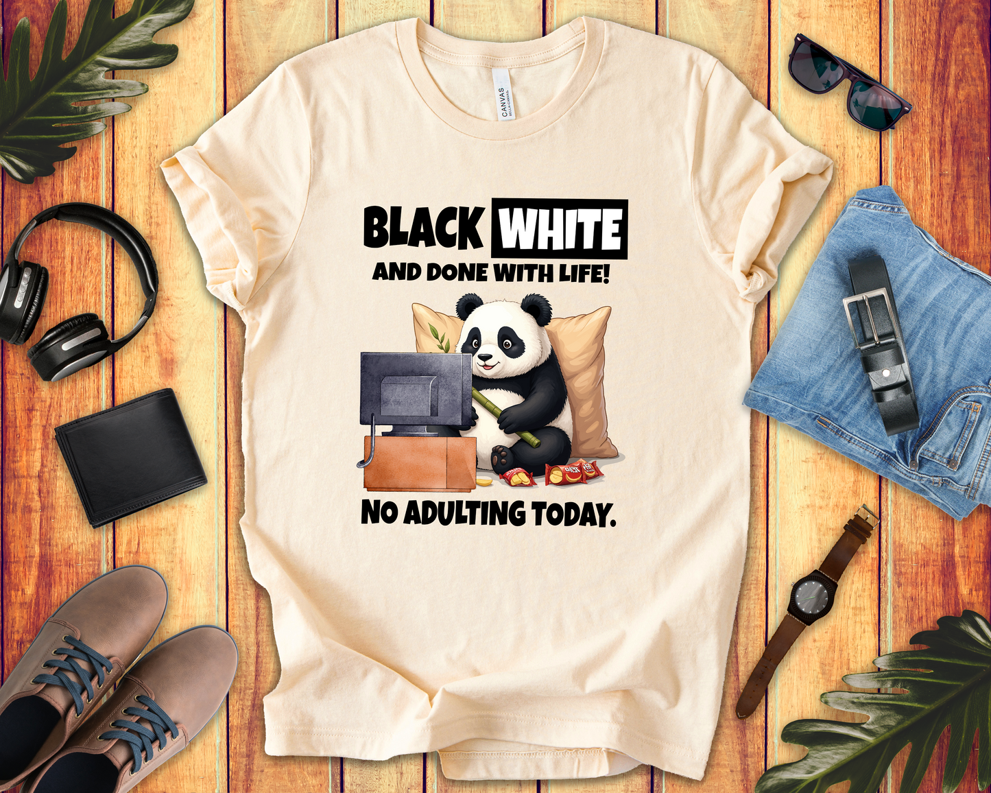 Black White and Done With Life Tee, Panda Humor Shirt, Anti Adulting Graphic Tee, Funny Mood Animal Top, Lazy Day Gift