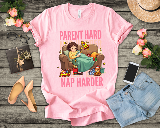 Parent Hard Nap Harder Tee, Funny Parenting Life Shirt, Tired Parent Graphic Tee, Sleepless Caregiver Top, Family Survival Gift