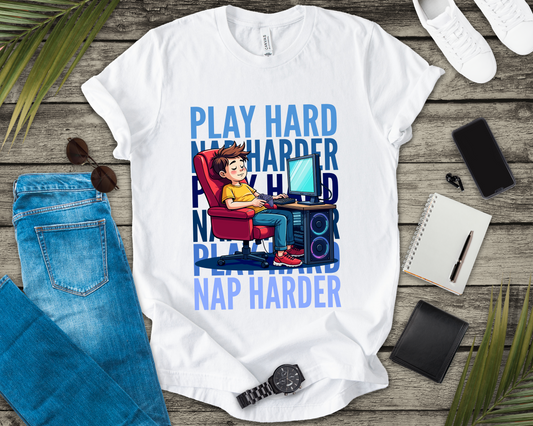 Play Hard Nap Harder Tee, Gamer Sleep Shirt, Funny Gaming Lifestyle Graphic, Controller Down Top, Sleepy Nerd Gift